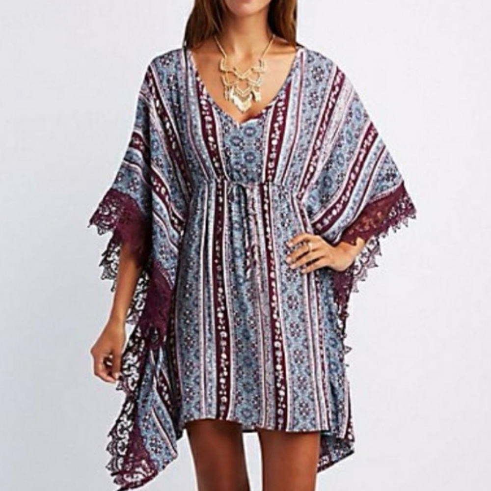L Boho Kimono Dress Lace Sleeves Kaftan